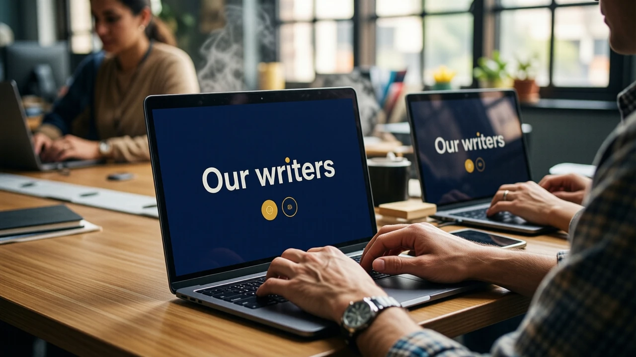 A man and a woman working side by side at one long wooden desk in a quiet office, each with a laptop open, the nearer laptop screen showing the large white words "Our writers" above two small gold circles on deep navy, both people reading their screens, warm afternoon window light.