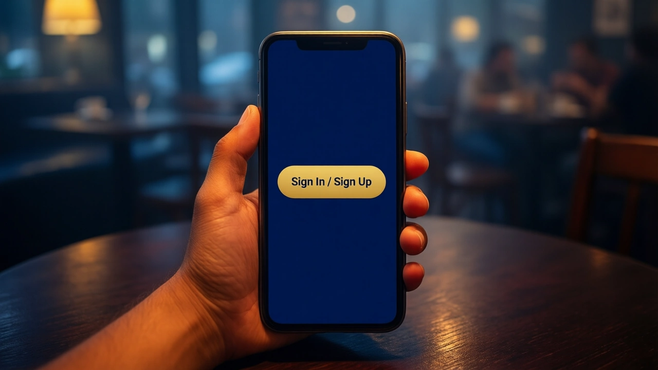 A hand holding a phone above a dark café table at night, the phone screen showing one large rounded gold button with the words "Sign In / Sign Up" in dark navy letters on a deep navy screen, warm lamp light on the fingers.