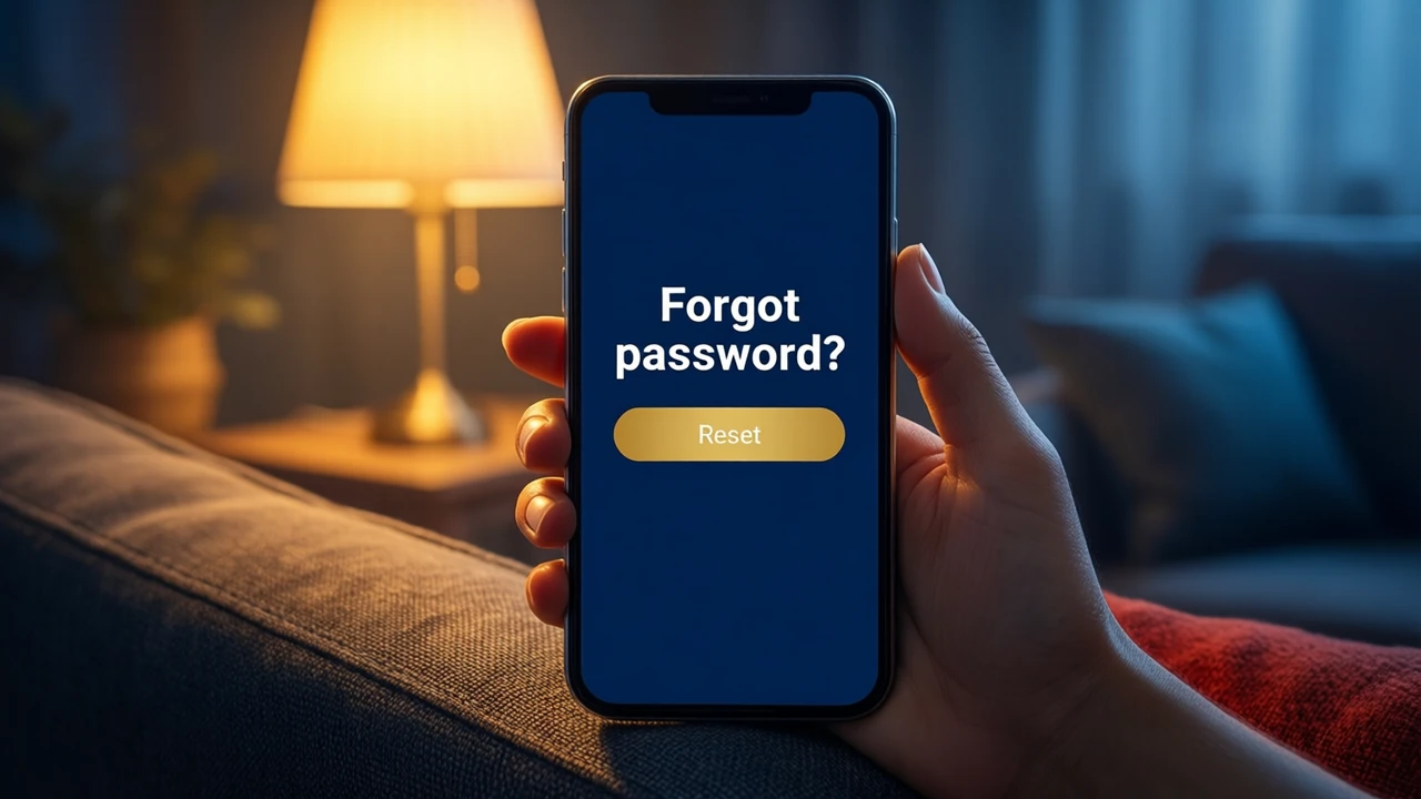 A woman's hand resting a phone on the arm of a sofa, the phone screen showing the large white words "Forgot password?" above one wide gold button reading "Reset", deep navy screen, a reading lamp glowing warm in the background.