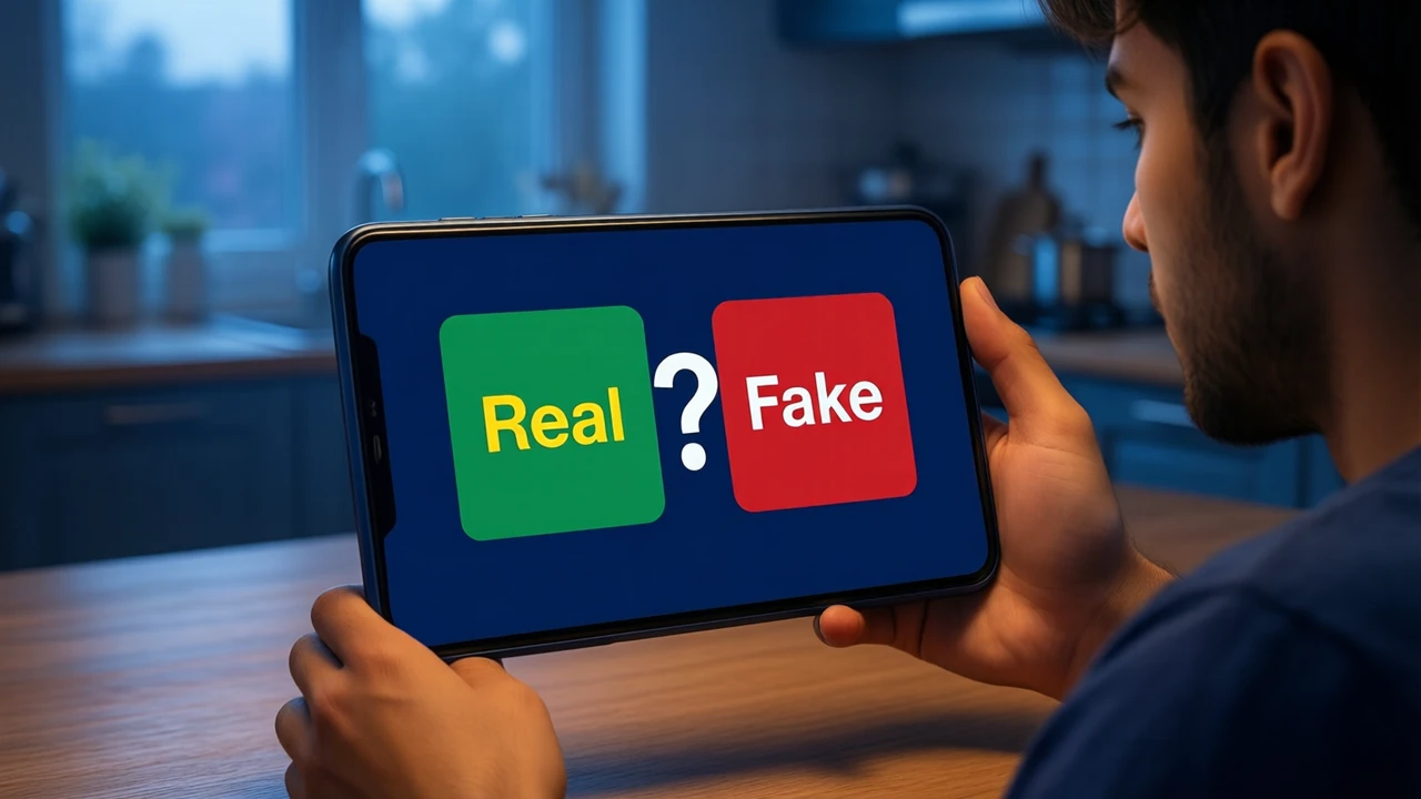 A young man at a kitchen table at dusk looking at a phone in his hand, the phone screen showing two large side-by-side cards, a green one with the word "Real" and a red one with the word "Fake", a big white question mark between them and no button anywhere on the screen, the room in soft blue evening light.