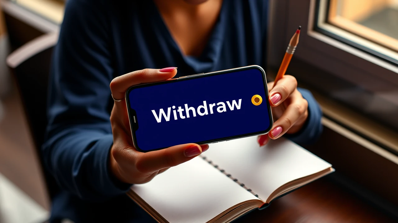 A woman at a small desk by a window holding a phone in one hand and a pencil in the other, the phone screen showing the large white word "Withdraw" above one wide gold button, deep navy screen, a paper notebook open beside her with blank pages.