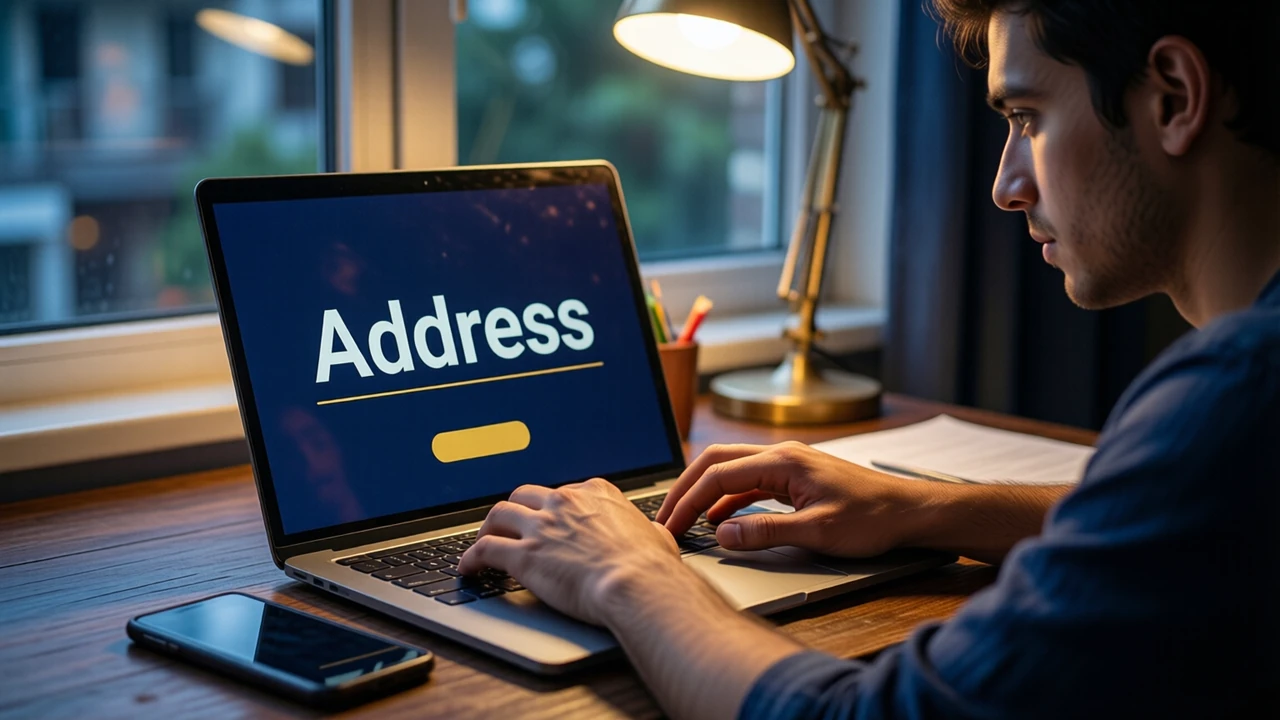 A young man at a desk by a window typing on a laptop, a phone lying face up beside it, the laptop screen showing the large white word "Address" with a thin gold line beneath it on deep navy, his eyes on the screen, soft evening lamp light.