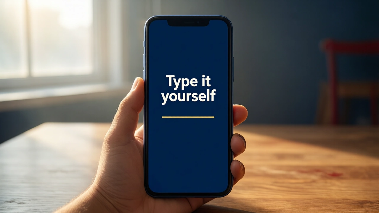 A hand holding a phone upright above a wooden desk, the phone screen showing the large white words "Type it yourself" above a single thin gold cursor line, dark navy background, soft morning window light from the left.